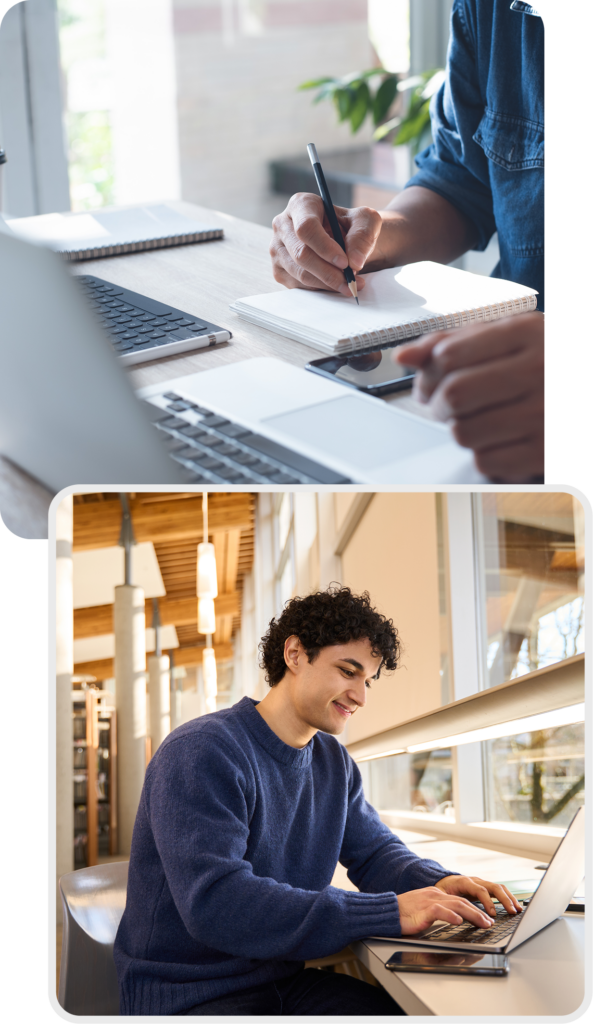 People studying on their laptop in a library and a office.